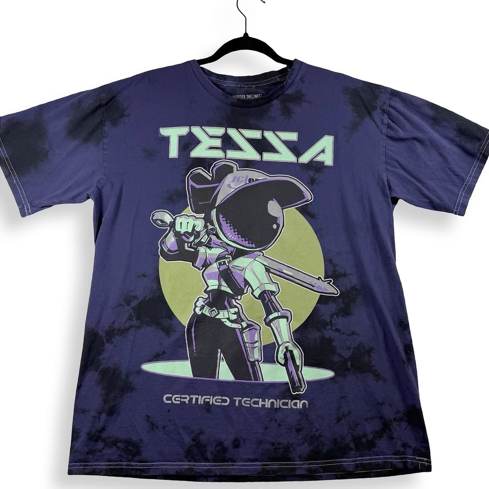 Murder Drones Tessa Certified Technician Purple Tie Dye Graphic Tee Medium Anime